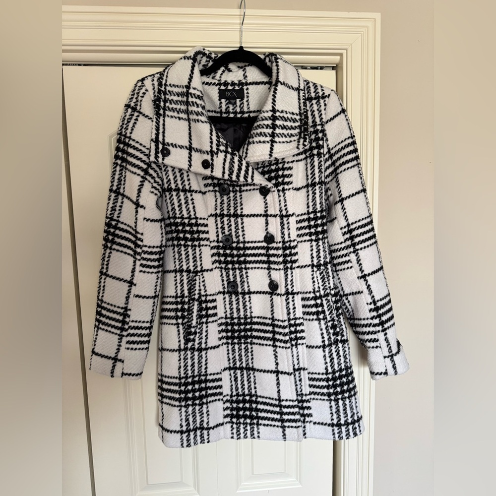 BCX Plaid Pea Coat Lined Double Breasted EUC